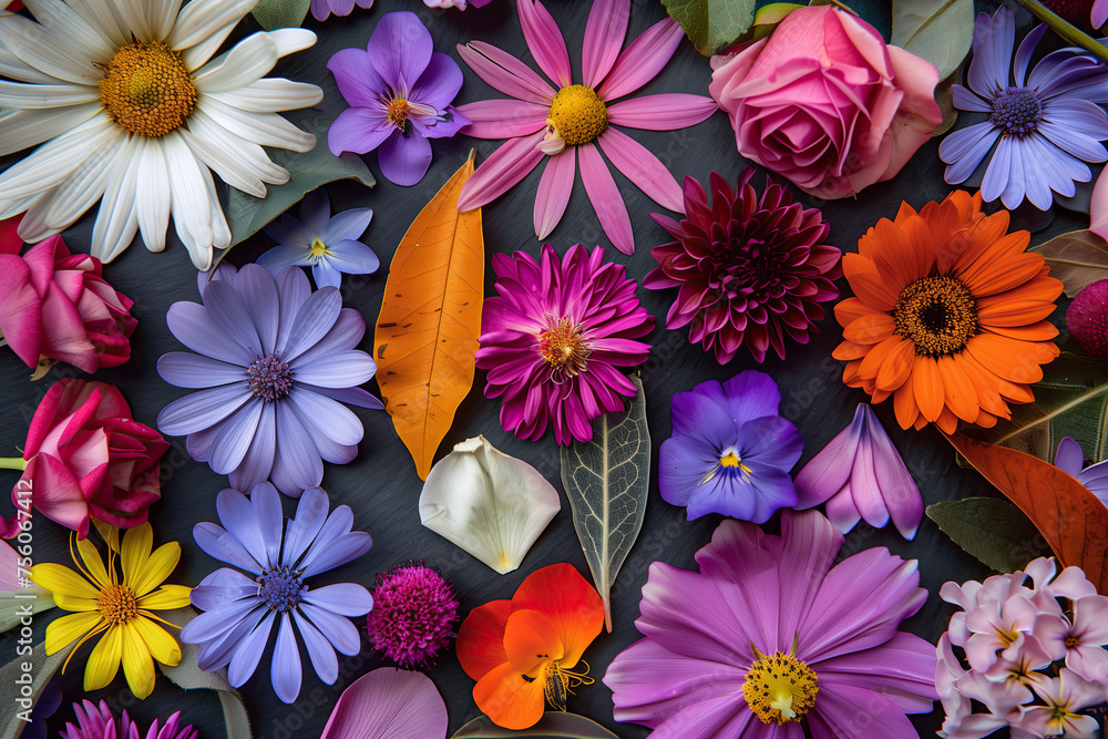 Texture with a variety of flowers and leaves Texture with a variety of flowers and leaves