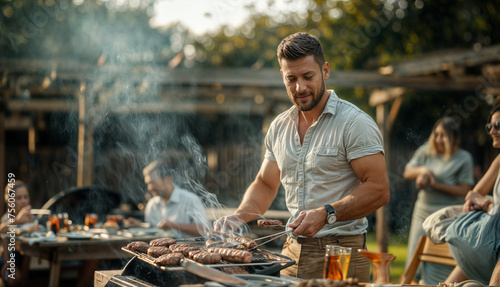 Man Grilling Meat on a BBQ or Barbecue at a Backyard Gathering During Summer