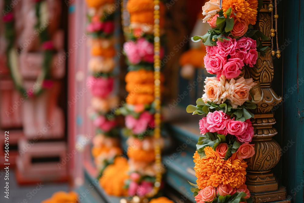 Traditional Indian floral garland toran made of marigold or zendu flower decorated temple or home. Happy Diwali festival, Pongal or Gudi Padwa. Decoration for Indian hindu holidays, wedding
