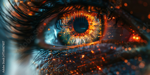 A dynamic image of an eye with technological graphics, conveying the idea of cybernetic advancements and optical data processing.