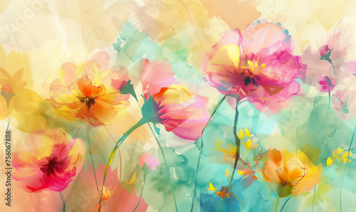 vibrant watercolor painting of colorful flowers in yellow and pink hues © Klay