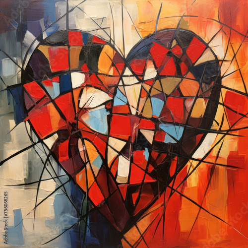 Abstract painting of a heart in a vibrant cubist embrace of shapes and lines