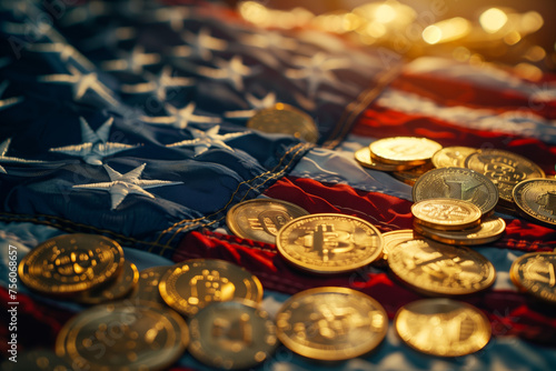 American flag and golden coins. photo