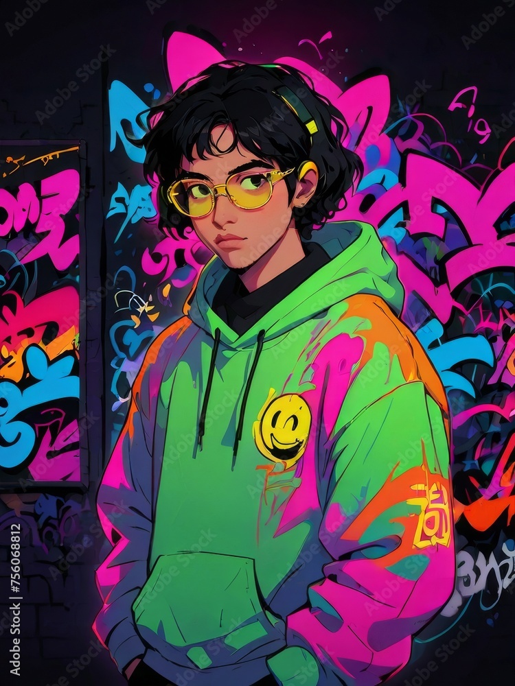 a boy using hoodie in sci-fi neon style graffiti behind a boy using hoodie in sci-fi neon style graffiti behind