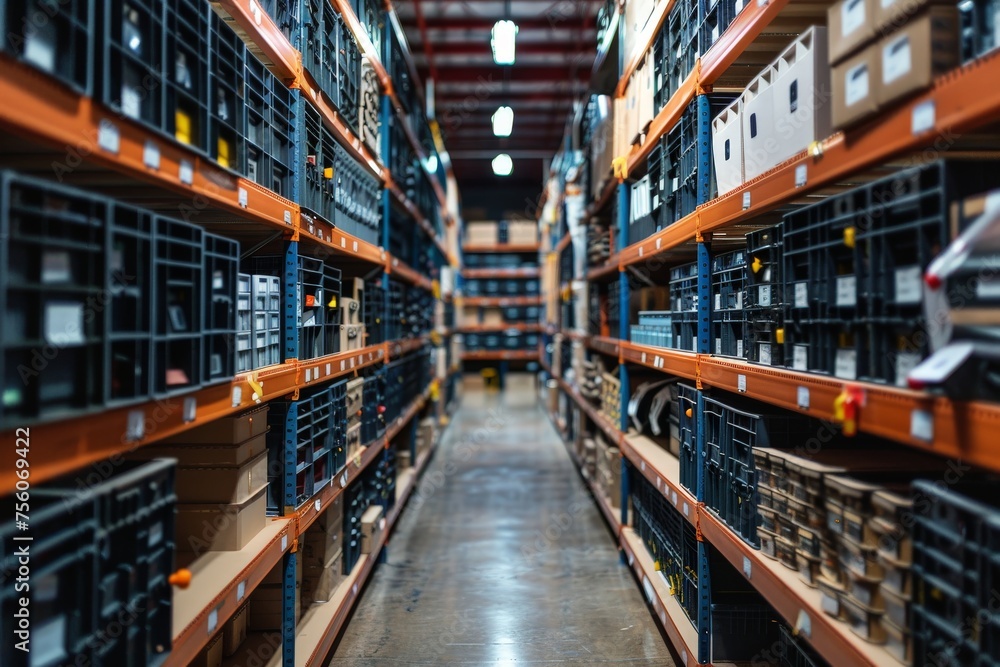 Massive warehouse interior with well-organized storage bins and boxes lining the shelves, ready for distribution Massive warehouse interior with well-organized storage bins and boxes lining the shelves, ready for distribution