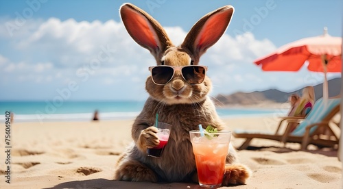 On the beach, a bunny wearing sunglasses sip a beverage © Shehzad