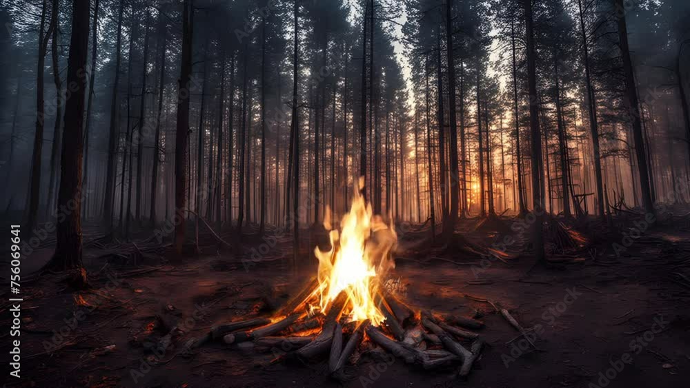 cozy campfire in a forest by sunset cozy campfire in a forest by sunset