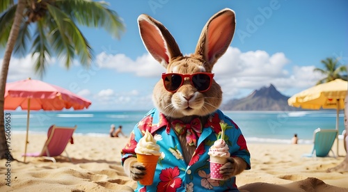 On the beach, a bunny wearing sunglasses sip a beverage