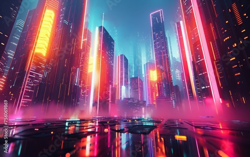 Futurism-infused cityscape with neon lights and abstract shapes