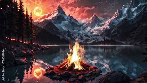 cozy campfire  by mountain lake