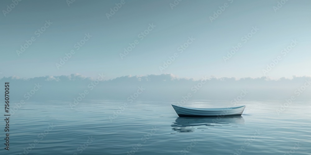 Minimalist depiction of a boat silhouette on a vast ocean