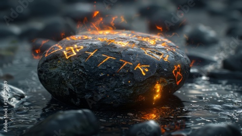 Runes inscribed on a mystic stone emitting light photo