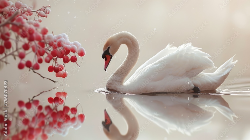 Naklejka premium A swan with feathers that have the smooth, glossy appearance of cherries, gliding on a serene lake,