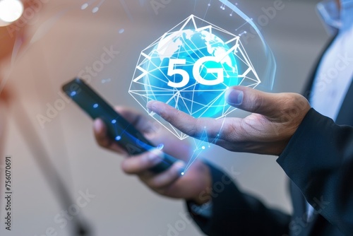 illustration of a man holding a 5G network hologram and a smartphone