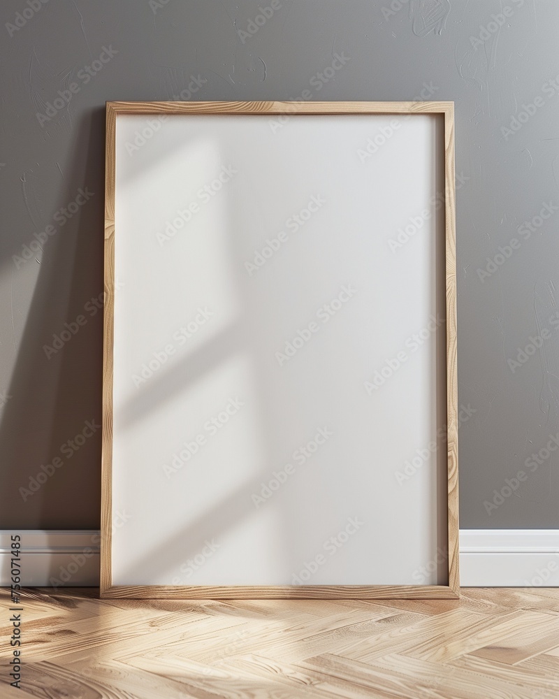 Photo frame mockup with wooden frame on the floor with light from the window. Room wall poster mockup. Interior mockup with house background. 3D render Photo frame mockup with wooden frame on the floor with light from the window. Room wall poster mockup. Interior mockup with house background. 3D render