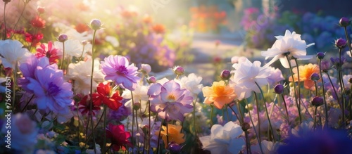 A natural landscape filled with colorful flowering plants, including vibrant violets and magentas, illuminated by the shining sun creating a picturesque event © 2rogan