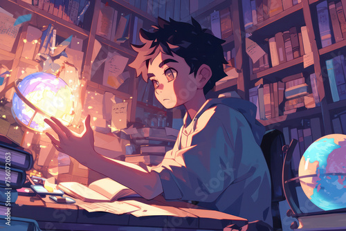 Young boy explores cosmic mysteries with glowing orb surrounded by books