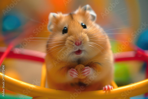 Adorable Hamster Enjoying a Nut in a Colorful Playful Environment