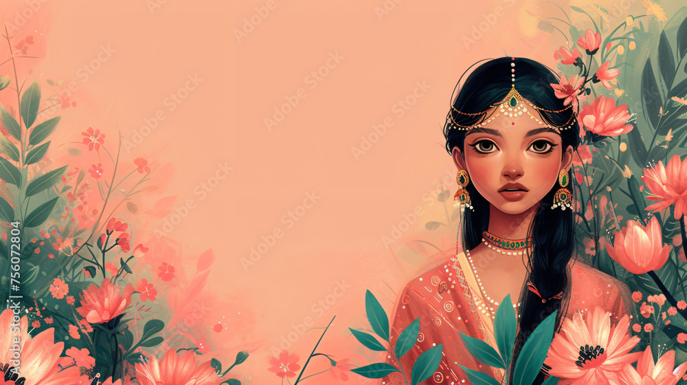 Fototapeta premium Indian bride girl wearing traditional dress against floral background. Woman in colorful sari. Bollywood star traditional fashion. Ugadi or Gudi Padwa. Religion and ethnic banner with copy space