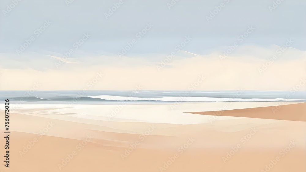 Calm Nature Background: A  sandy beach with waves gently rolling in, under a soft morning light, the serenity and beauty of the ocean meeting the shore, for mindset, mindfulness, meditation
