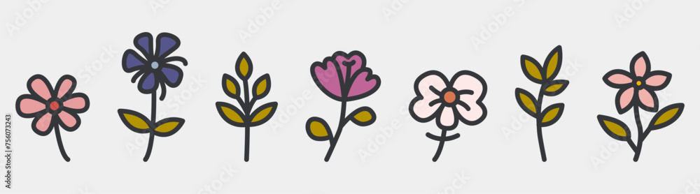 Set of flowers in pink and purple color palette vector illustration Set of flowers in pink and purple color palette vector illustration