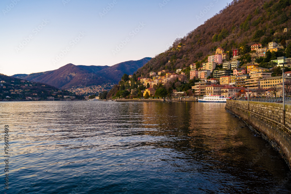 Evening Glow on the Picturesque Shoreline of Lake Como, Italy