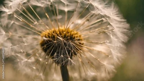 Close-up, slow-motion shot of a dandelion with its pappus gently swaying in the breeze.
