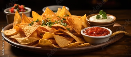 A delicious plate of nachos served with an assortment of dipping sauces on a rustic wooden table, featuring ingredients like tomato sauce and tomate frito