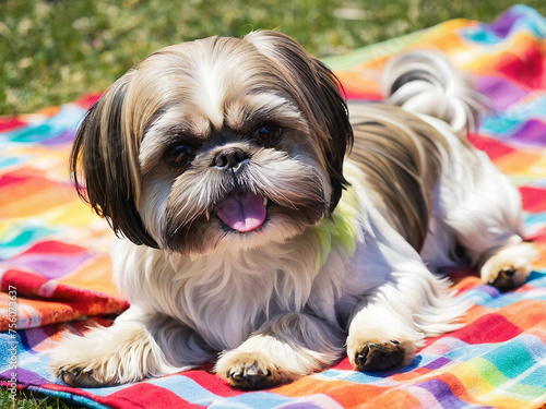 A Shih Tzu soaking up the sun while lounging on a colorful picnic blanket- generated by ai © CarlosAlberto