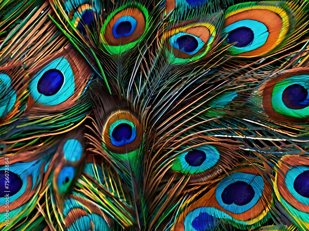 Obraz premium peacock feather background, peacock feathers on dark background 