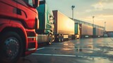 A fleet of trucks is parked in the parking lot of a delivery company. Truck transportation. logistics industry Transportation of goods.