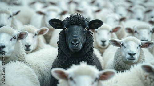 A black sheep among a flock of white sheep, raising head as a leader - Concept of standing out from the crowd, of being different and unique with its own identity and special skills among the others © Jennifer