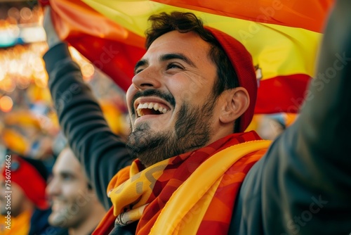 Fan with Spanish flag at a football match, joyful