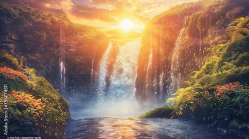 Landscape with waterfall and sun in the sky © Suparak