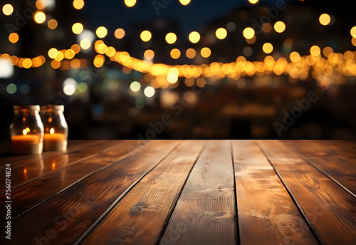 ustic wooden table in the foreground, its texture rich and welcoming. In the background, the scene is alive with the golden glow of string lights, casting a soft, romantic hue over the scene photo