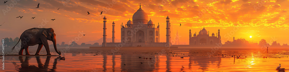 Panorama view of Indian elephant with Taj Mahal at sunset on background. Ancient arab city, east architecture. Happy Independence Day of India. Travel and tourism concept