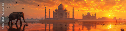 Panorama view of Indian elephant with Taj Mahal at sunset on background. Ancient arab city, east architecture. Happy Independence Day of India. Travel and tourism concept photo