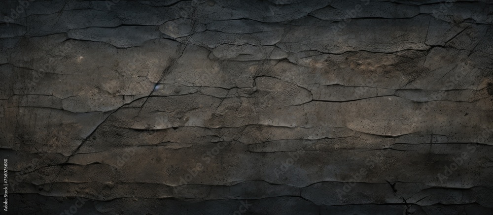 A detailed closeup of a cracked stone wall, revealing a beautiful pattern of earth tones resembling bedrock in the darkness of the landscape - obrazy, fototapety, plakaty 