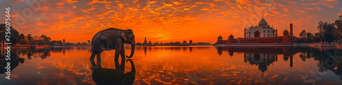 Panorama view of Indian elephant with Taj Mahal at sunset on background. Ancient arab city, east architecture. Happy Independence Day of India. Travel and tourism concept photo