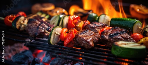 A closeup shot of a grill with a delicious mix of pork, vegetables, and spices cooking on it. The sizzling meat and vibrant colors make this dish perfect for a summer barbecue