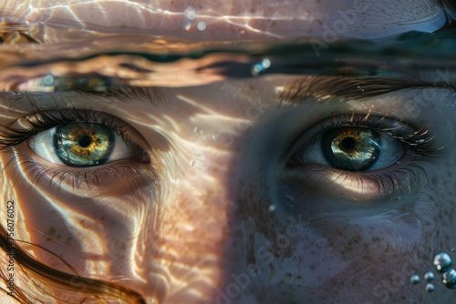 Mysterious eyes underwater with light glints