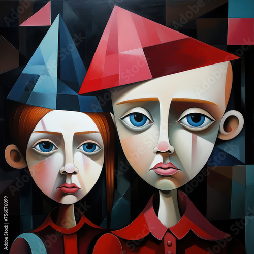 Cubist gaze: Children with geometric hats © jockermax3d