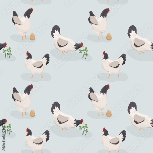 Bezszwowy wzór w kurki na jasnym tle. Kury, jajka i koniczyna. Ilustracja wektorowa.