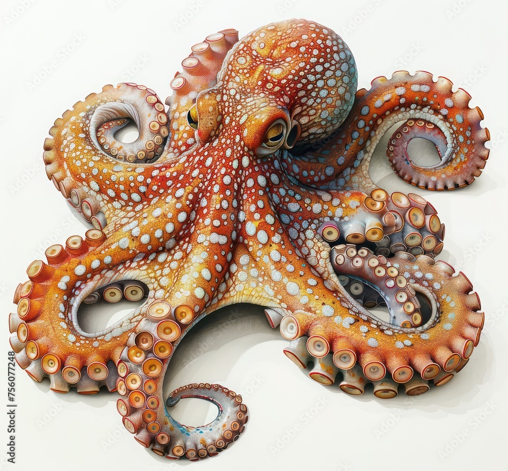 Obraz premium realistic depiction of a vibrant octopus, showcasing its intricate tentacles and colorful skin pattern, evoking oceanic beauty.