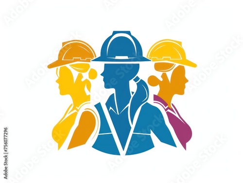 colorful illustration of three women in safety helmets, representing empowerment, strength, and professionalism in construction or engineering fields.