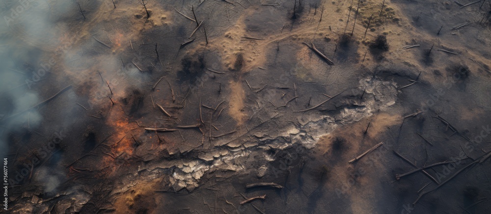 Aerial view of a forest fire with thick smoke billowing from the landscape, threatening the natural ecosystem of soil, plants, and wood Aerial view of a forest fire with thick smoke billowing from the landscape, threatening the natural ecosystem of soil, plants, and wood