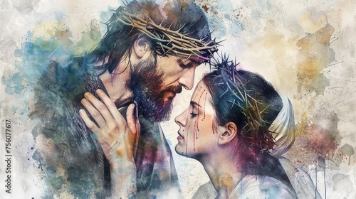 Digital watercolor painting concept Veronica wipes the face of Jesus.