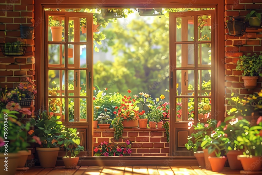 Beautiful garden with flowers and plants in front of the window. Spring background Beautiful garden with flowers and plants in front of the window. Spring background