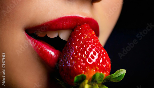 Female lips with red lipstick eating a strawberry, black background.