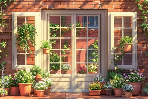 Beautiful garden with flowers and plants in front of the window. Spring background